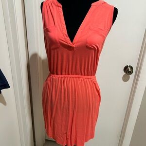 Coral, v neck, above the knee, casual dress.